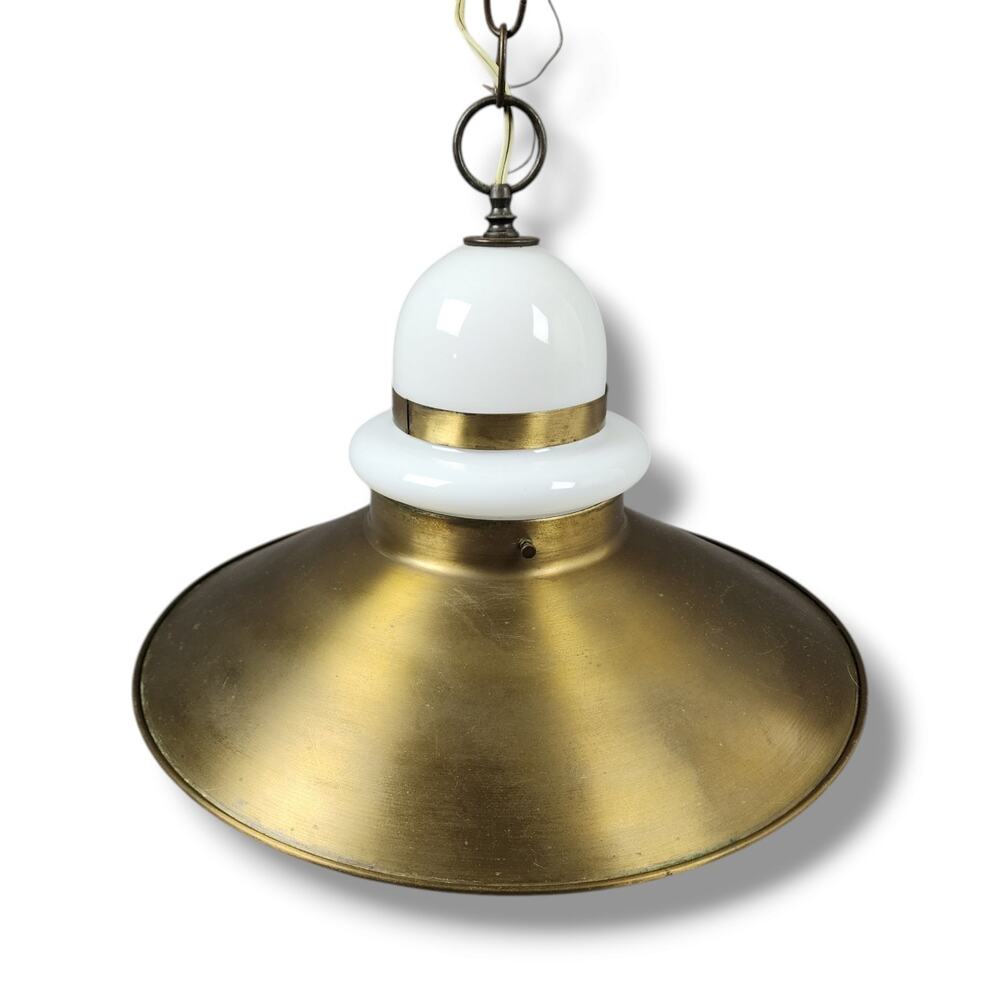 Vintage Atomic Age Hanging Light 16.5" Saucer UFO Milk Glass Brass Hardwired